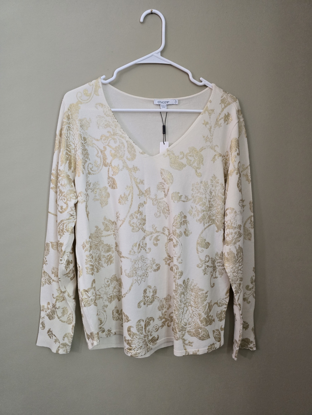 Chico's Cream And Gold Floral V-Neck Long Sleeve Top  Women Size 2
